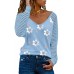 Sky Blue Daisy Print Mesh Patchwork Long Sleeve Top