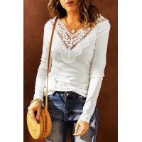 White Lace Patch Slim-fit Long Sleeve Top