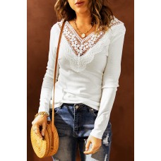 White Lace Patch Slim-fit Long Sleeve Top