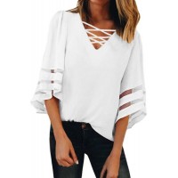 White Criss Cross Neck 3/4 Bell Sleeve Blouse