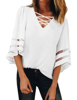 White Criss Cross Neck 3/4 Bell Sleeve Blouse