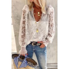 V Neckline Sequin Shoulder Long Sleeve Lace Top