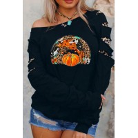 Ripped Sleeve Leopard Tie-dye Pumpkin Graphic Top