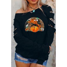Ripped Sleeve Leopard Tie-dye Pumpkin Graphic Top