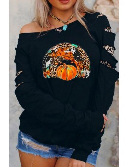 Ripped Sleeve Leopard Tie-dye Pumpkin Graphic Top